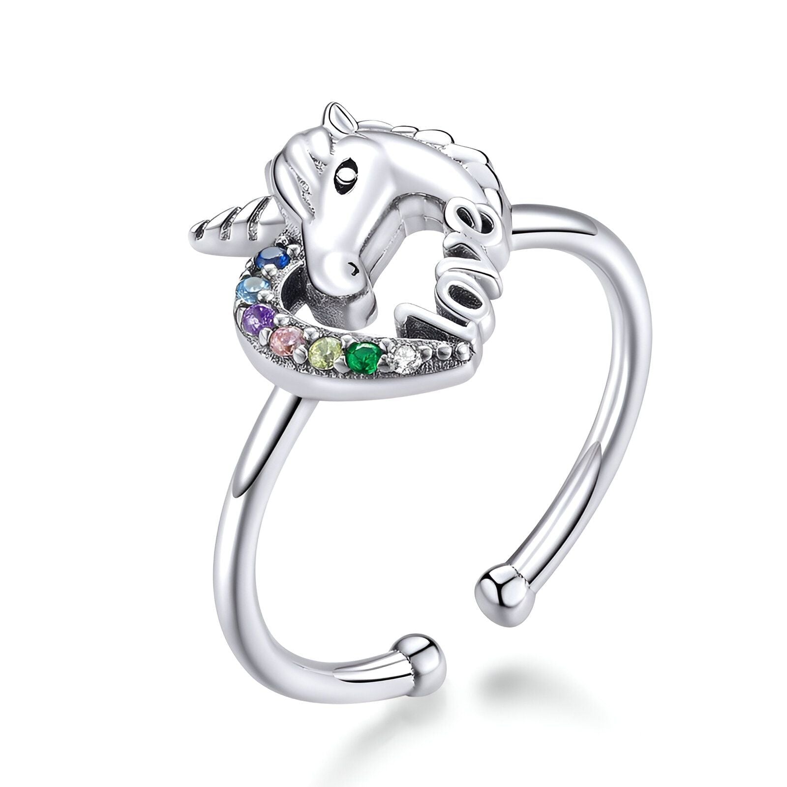 Une bague en argent avec un motif de licorne. La licorne a une crinière et une queue arc-en-ciel. La bague est ouverte et réglable.