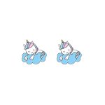 Deux licornes endormies sur un nuage. Les licornes sont de couleur rose et bleu avec une crinière et une queue arc-en-ciel. Le nuage est de couleur bleu clair.