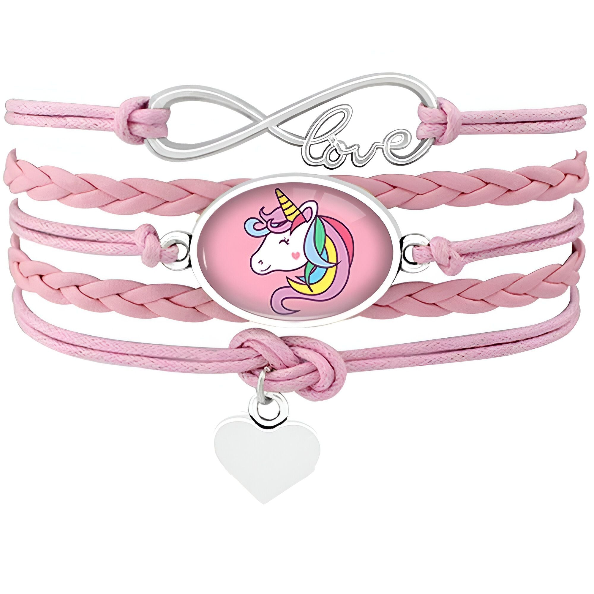 L'image représente un bracelet en cuir rose avec un pendentif en forme de cœur et un pendentif en forme de licorne. Le bracelet est orné d'un fermoir en forme d'infini avec le mot "love" écrit dessus.