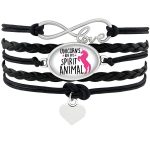 L'image représente un bracelet en cuir noir avec un pendentif en forme de cœur et un pendentif rond avec une licorne dessus. Le bracelet est orné de l'inscription "Unicorns are my spirit animal".