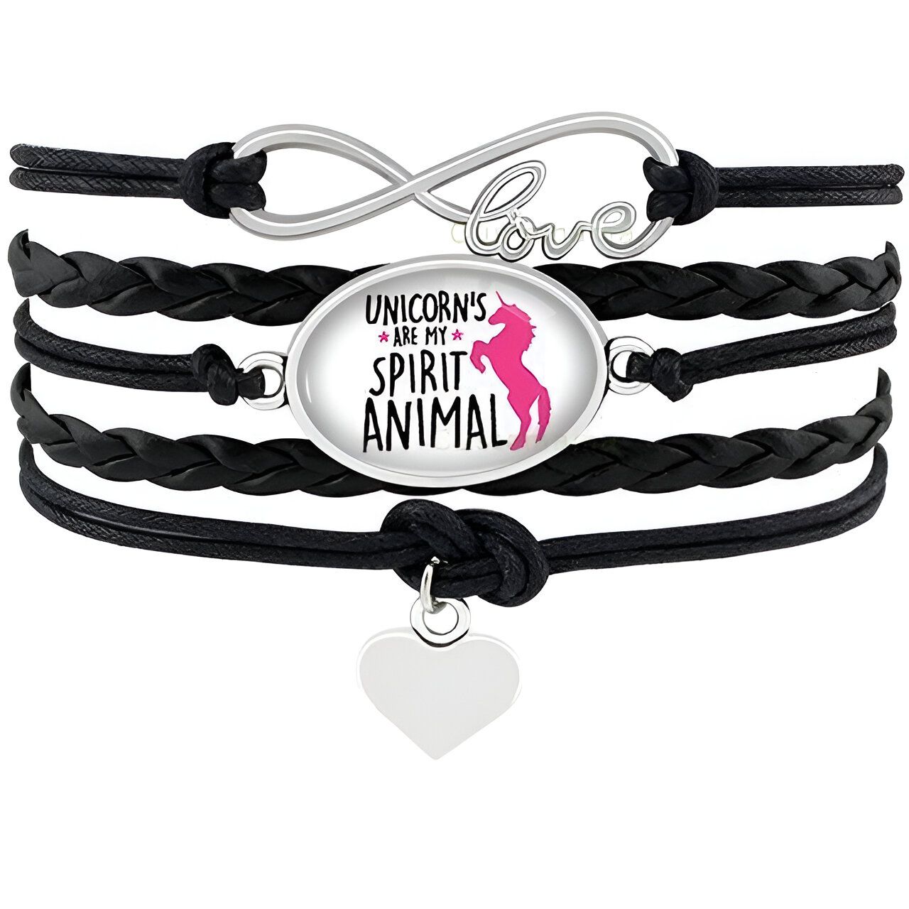 L'image représente un bracelet en cuir noir avec un pendentif en forme de cœur et un pendentif rond avec une licorne dessus. Le bracelet est orné de l'inscription "Unicorns are my spirit animal".