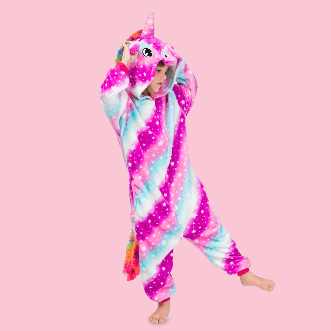 Pyjamas Licorne enfant à rayures roses et bleues - Combinaison Kigurumi – Image 3