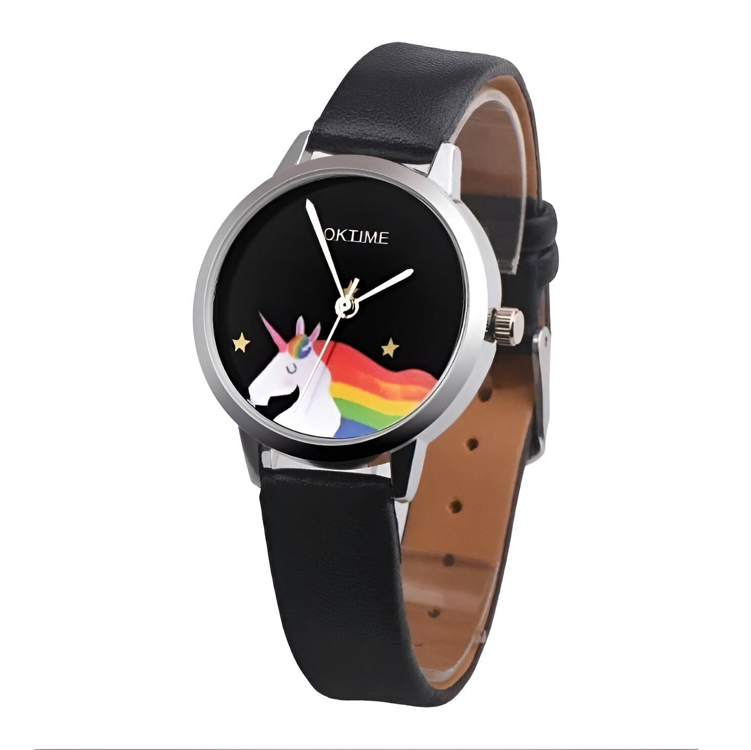 Une montre noire avec un bracelet en cuir noir. Le cadran de la montre est rond et noir avec une image de licorne arc-en-ciel.