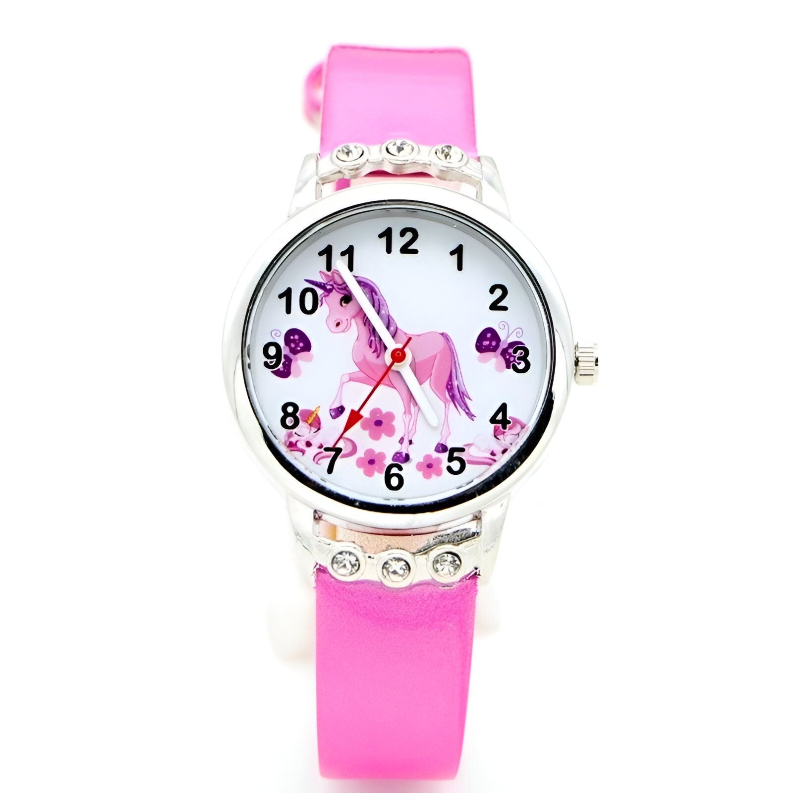 Une montre rose avec un bracelet en cuir et un cadran rond avec une image de licorne.