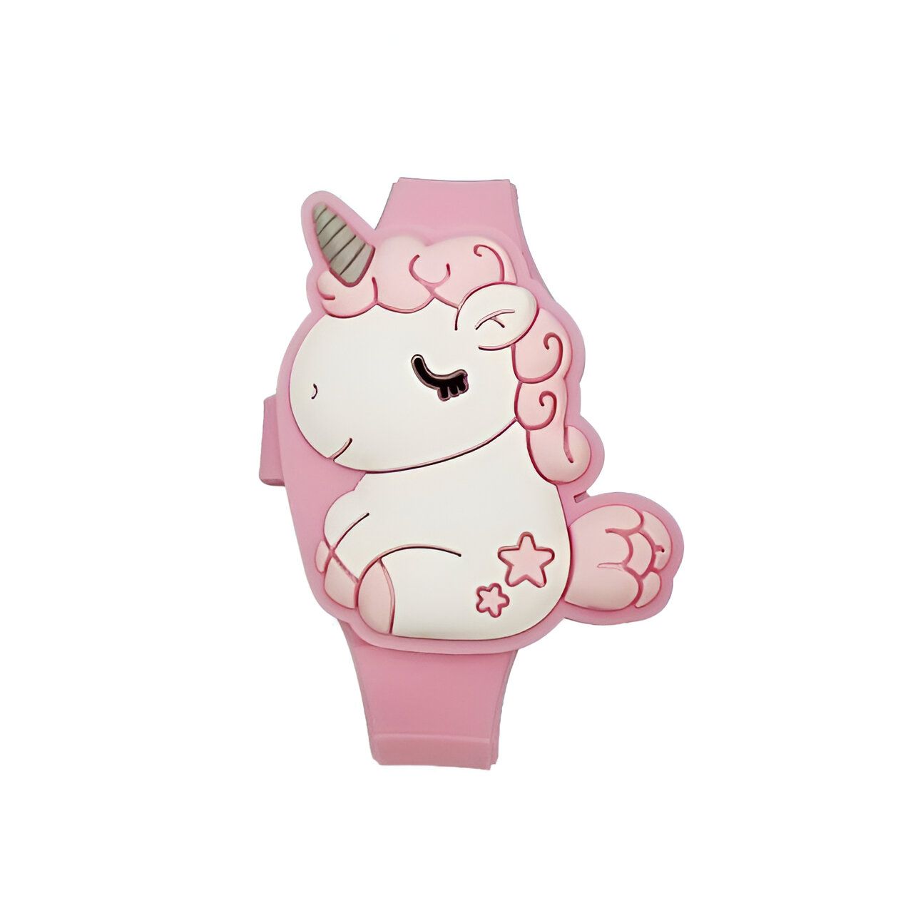 Une montre rose en forme de licorne avec un cadran blanc et des étoiles.