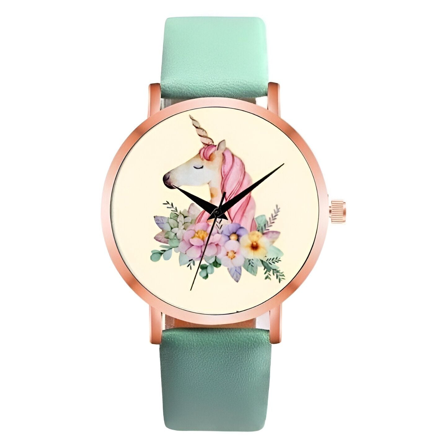 Une montre licorne avec un bracelet en cuir vert et un cadran rond avec une image de licorne et de fleurs.