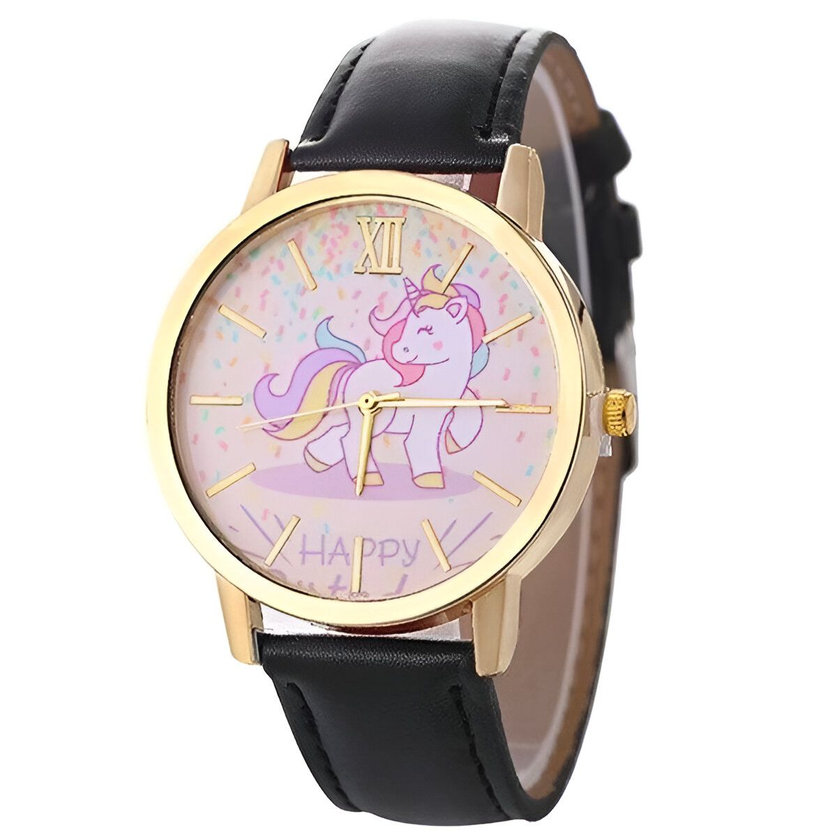 Une montre licorne avec un bracelet en cuir noir et un cadran rose avec une licorne blanche et dorée.